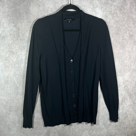 Lafayette 148 Cardigan Sweater‎ Womens Small Black Knit Shawl Tie Collar V-Neck - Picture 1 of 9